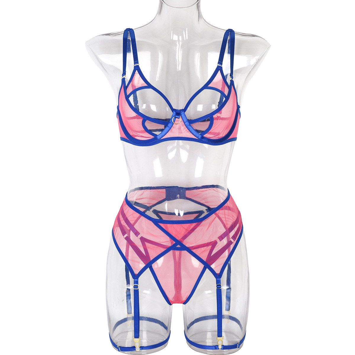 Red and Blue Color Butterfly Cut Three Piece Lingerie Set 