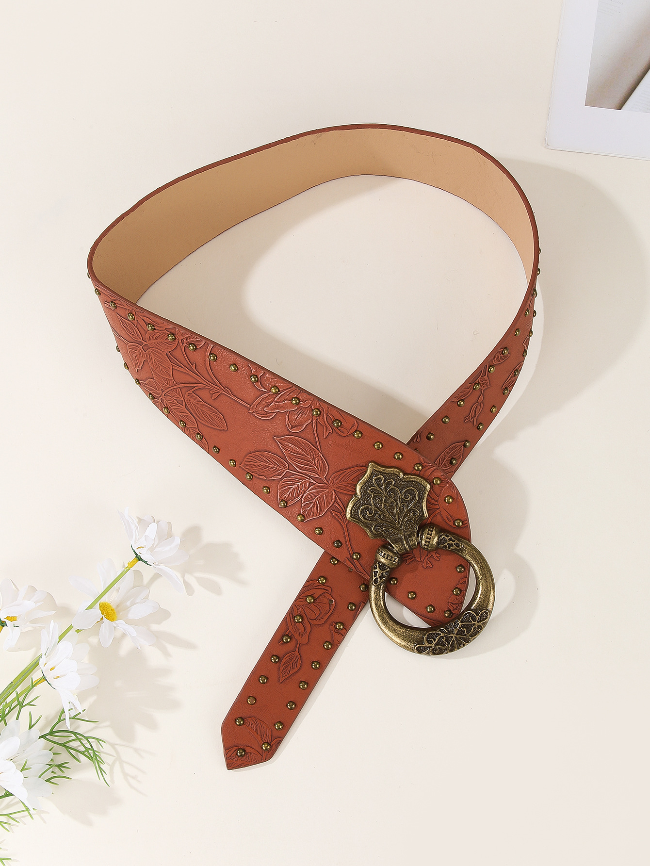 Pu Leather, Alloy Material Monogram Pattern Punk Monogram Pu Leather Alloy Women's Leather Belts