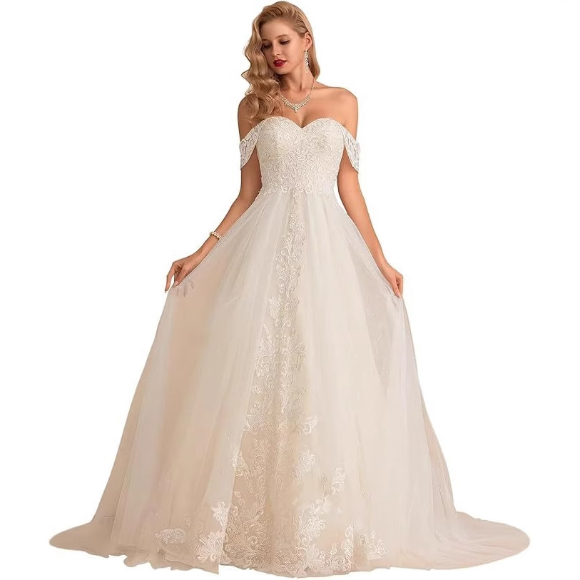 2024 nuevo vestido de novia de encaje blanco de hombro dos vestidos de novia de cola de cola de cornisa