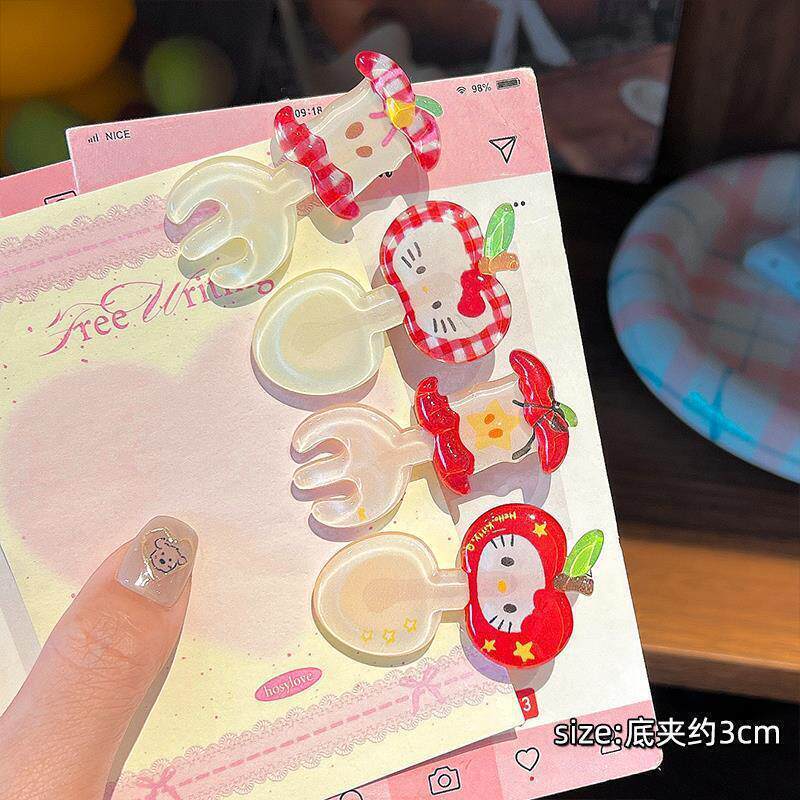 Cute Jelly Apple Core Fork Spoon Hairpin Cartoon Kitten Fun Duckbill Clip Girly Cute Hair Accessory