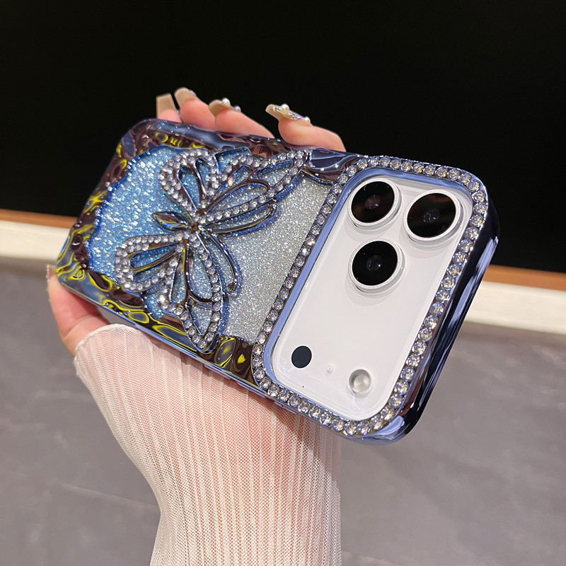 新款渐变闪粉镂空大蝴蝶水钻iPhone17promax手机壳适用16软电镀15|undefined