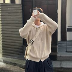 双拉链连帽针织毛衣外套男2025秋季韩版潮流慵懒风百搭情侣款上衣