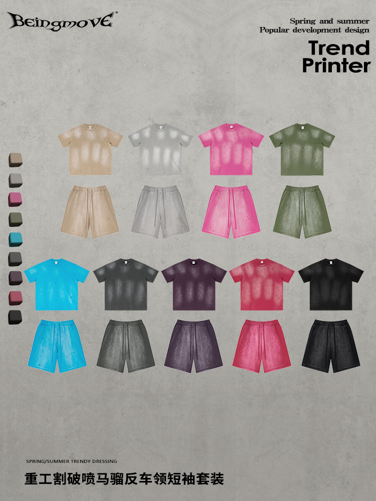 2025 verano pesado estilo parisino salpicaduras de tinta pantalones cortos de manga corta de algodón tee trajes para hombres y mujeres, exclusivamente para hombres transfronterizos