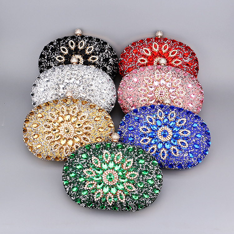 363g Weight Polyester Lining Material Flip Cover Closure Type Red Green Blue Pu Leather Polyester Flower Rhinestone Oval Evening Bags
