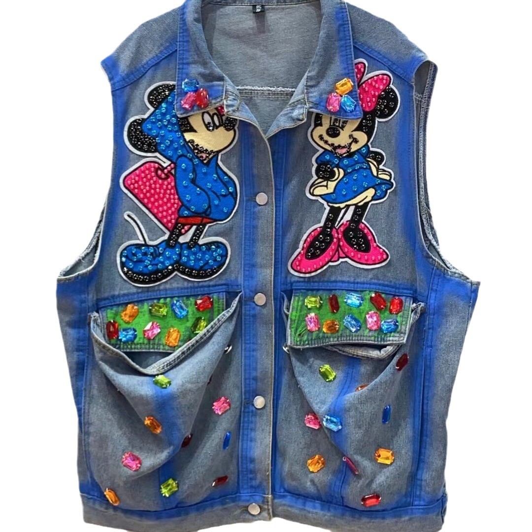 Estación europea de diseño de marca de moda chaleco de vaquero sin mangas chaleco de la industria pesada de la mujer graffiti cuentas de clavos personalidad chaqueta de clip de caballo
