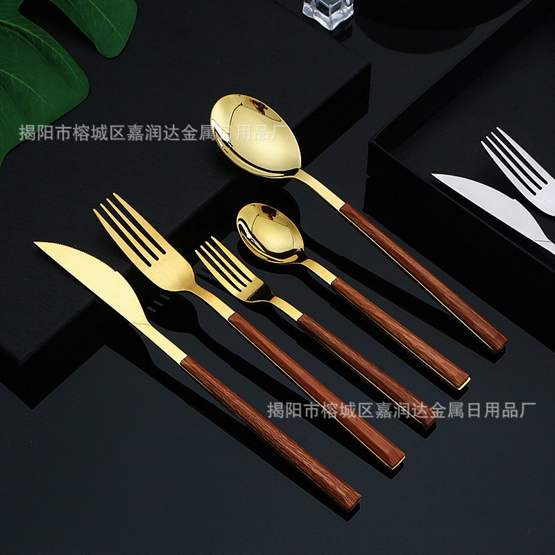 Cross-Border Stainless Steel Cutlery with Imitation Wood Handle Steak Knife, Fork, Spoon, Dessert Spoon and Fork, Wood Grain Tableware 5-Piece Set Wholesale