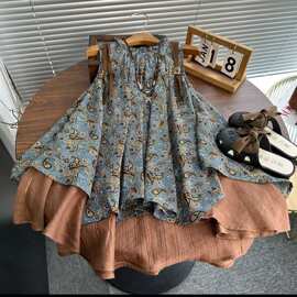 女童连衣裙儿童韩版背心裙复古夏季文艺无袖水墨印花裙子