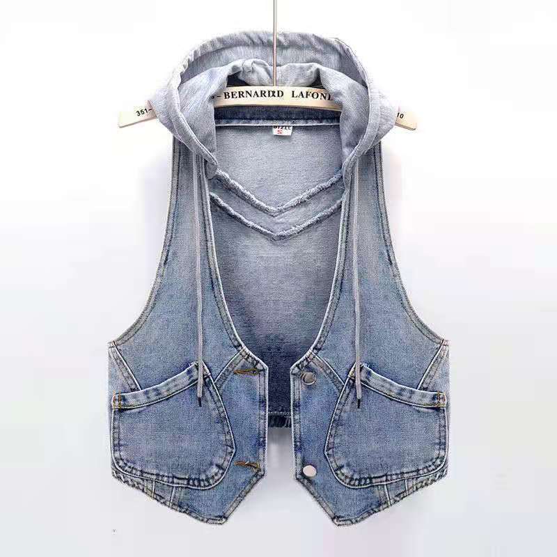 Spring and Summer Fashionable Hooded Short Denim Vest for Women Loose Korean Style Hooded Vest Jacket Vest Outer Wear
