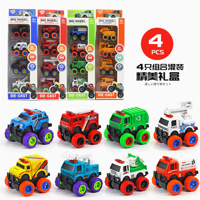 Alloy cartoon big wheel car model set Q version model fire truck engineering car police car Amazon toys