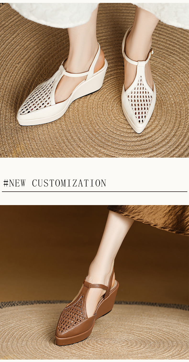 Sandal nữ bít mũi đế xuồng cao gót da thật dệt đan phong cách La Mã — Màu nâu, Màu trắng be chi tiết 3