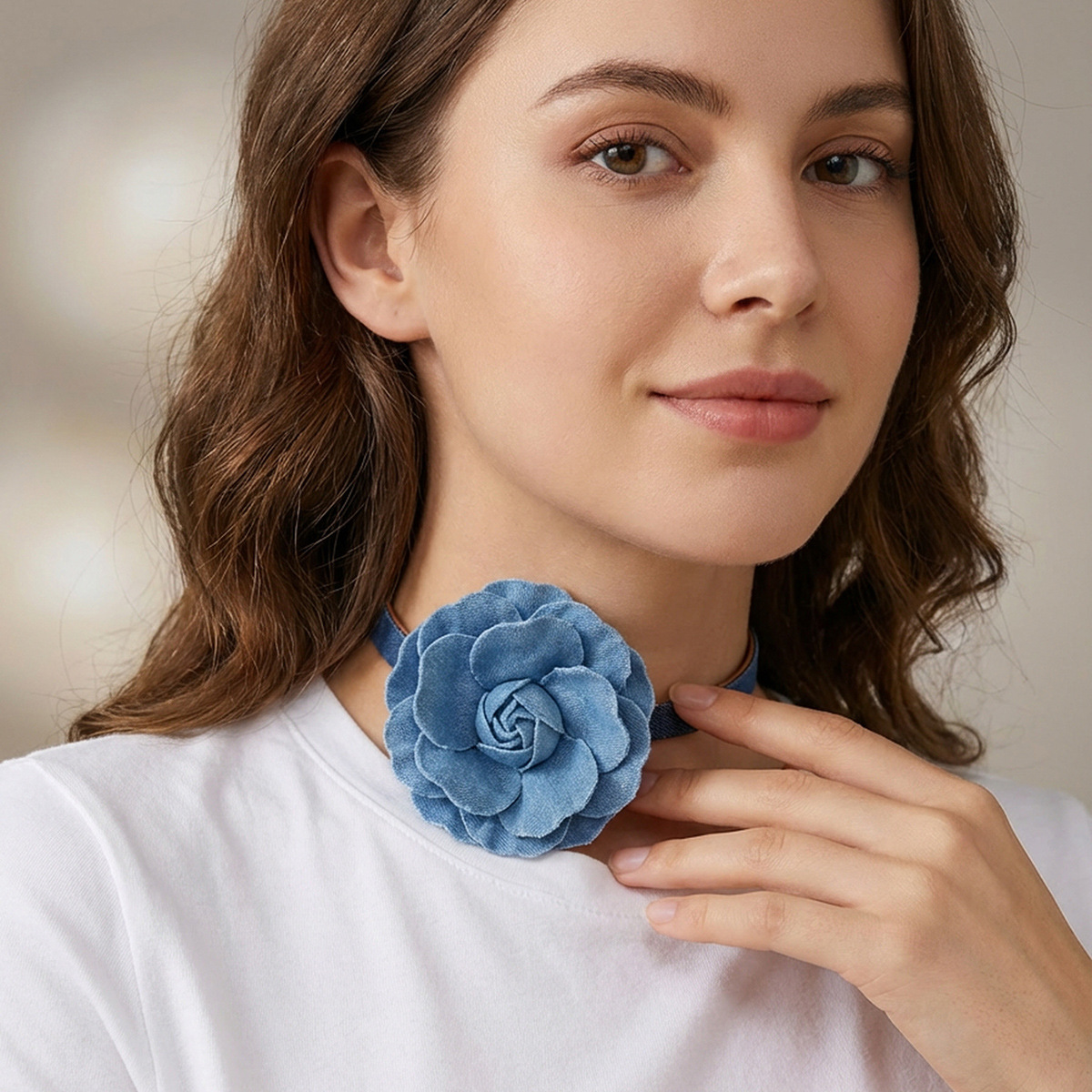 冷淡风ins牛仔布艺花朵蝴蝶choker项链 时尚个性设计感流苏锁骨链