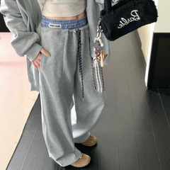缪系直筒裤2025秋季新款美式百搭格纹双腰假两件宽松休闲加绒卫裤