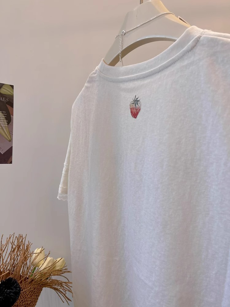 Super Beautiful Lace Sleeves! Korean Simple Casual Strawberry Print Cartoon Youthful Versatile Slimming Short-Sleeve T-Shirt for Women