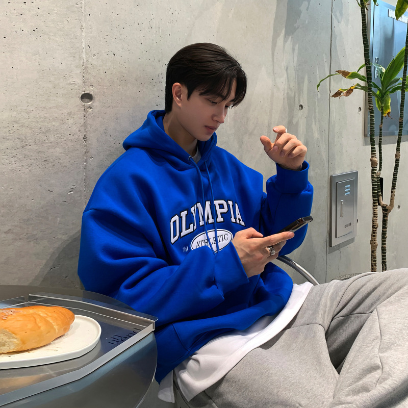 Royal Blue Hooded Pullover Sweatshirt Men's American Style Hong Kong Style 2024 Autumn and Winter New Fashionable Loose Fashionable Jacket