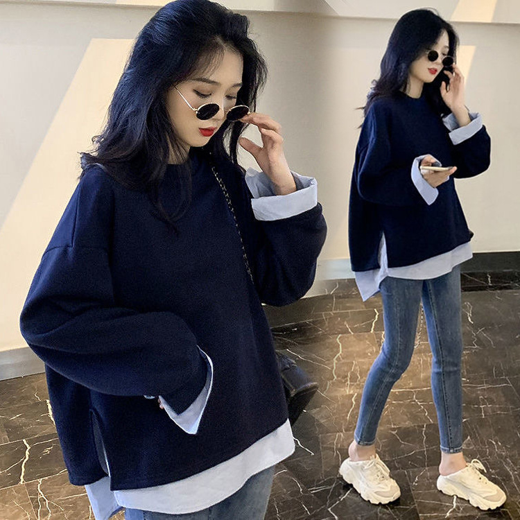 high quality# Pregnant Women's Wear Fashion New Long Sleeve Fake Two-piece Top Women's Xizang Blue Spring and Autumn Clothes