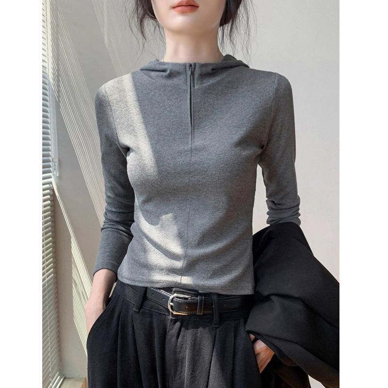 Korean Style Zipper Hooded Long-Sleeved T-Shirt for Women in Autumn and Winter New Casual Versatile Slimming Look Pure Color Bottoming Shirt Western Style Top Korean Style Zipper Hooded Long-Sleeved T-Shirt for Women in Autumn and Winter New Casual Versatile Slimming Look Pure Color Bottoming Shirt Western Style Top