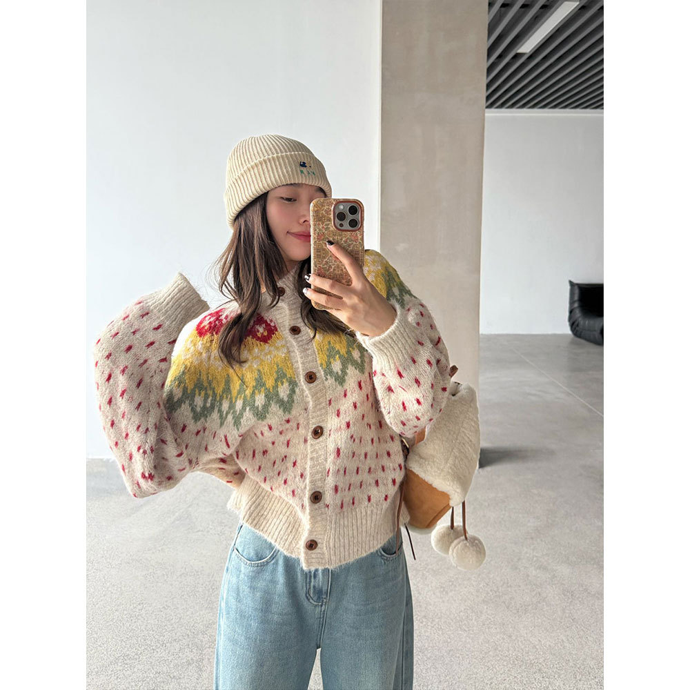 【王琪芝】费尔岛羊毛毛衣开衫女25秋冬慵懒风宽松针织上衣WQ071