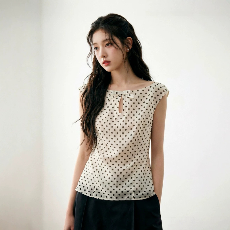 Nicee People Blended French-Style Polka Dot Boat Neck Waist-Cinching Sleeveless Top T-Shirt
