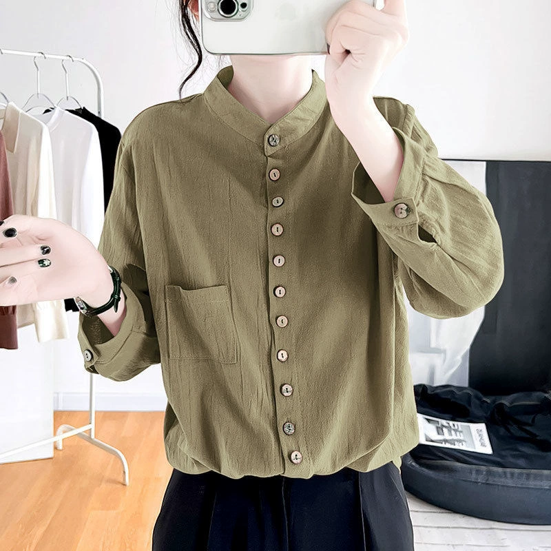 Вертикальный воротник хлопчатобумажная рубашка с длинными рукавами женская весна и лето 2025 года