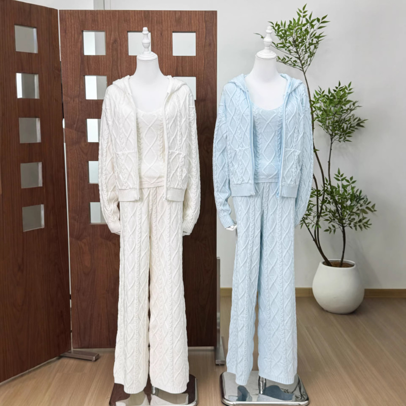 2026 Spring New Style Lazy Casual Knitted Twist Hooded Zipper Jacket Cardigan + Suspenders + Pants Set for Women
