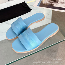 跨境外贸拖鞋批发代发新款平底字母真皮凉鞋女鞋sandals slippers