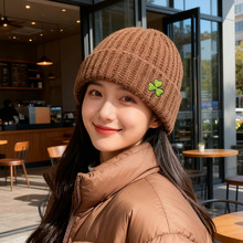 幸运三叶草毛线帽女刺绣百搭甜美护耳帽保暖骑行针织帽防寒冷帽男