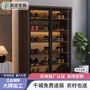 Solid Wood Shoe Cabinet Large Capacity Home Display Cabinet Entrance Cabinet Balcony Storage Cabinet Hand-made Cabinet Glass Door Shoe Rack with Light