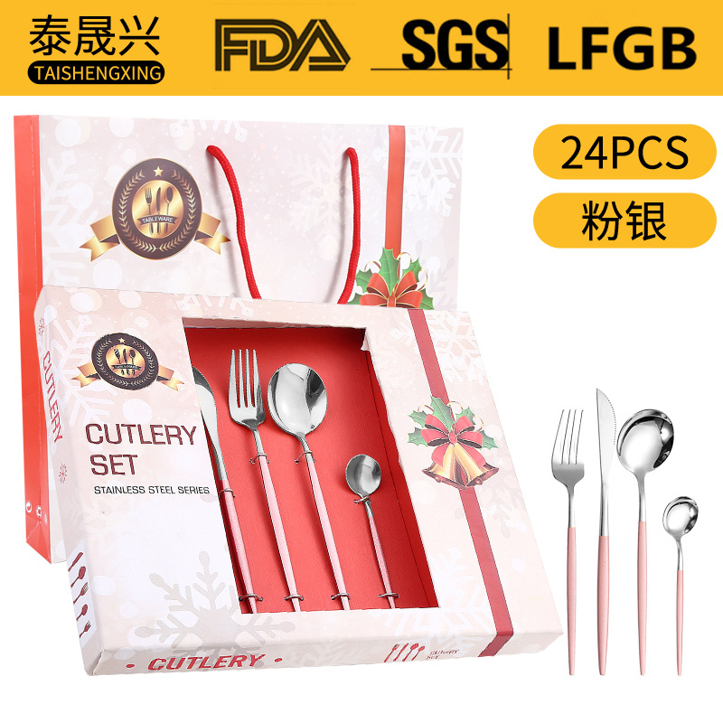 Amazon popular vajilla de acero inoxidable 24 unidades traje portugal cuatro piezas principales occidental cuchillo, tenedor y cuchara regalo caja