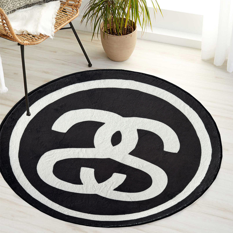 Short-haired plush cashmere corduroy non-woven anti-slip point-molded bottom round foldable black and white digital cross-border rug floor mat