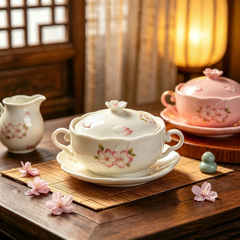 Creative household water-proof embossed double-handled bowl with lid, suitable for sugar water, porridge, desserts, steamed eggs, and ceramic bird's nest stew pot