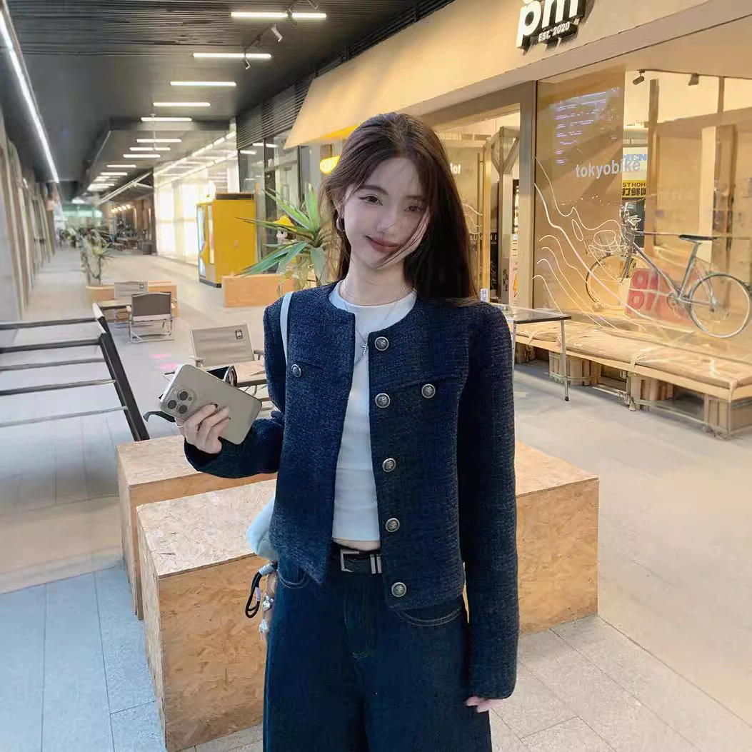 Women's Autumn Jacket, chanel-style tweed, dark blue, cropped elegant western look, sizes S–XXL