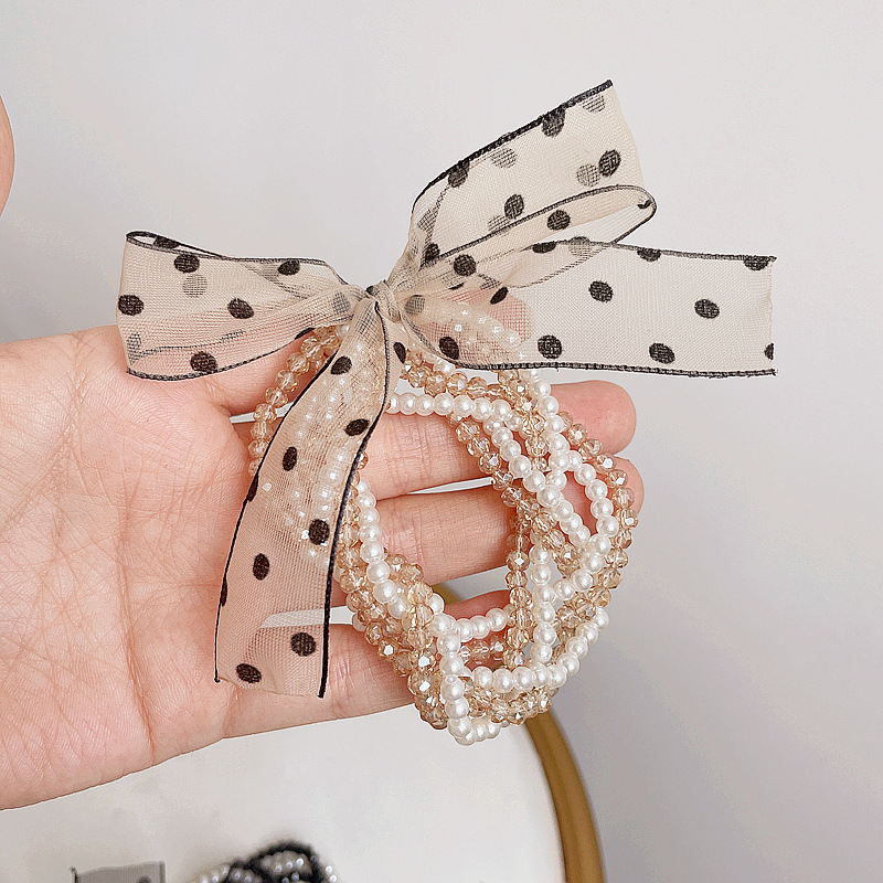 Korean Multi-layer Bead Chain Polka Dot Bow Hair Scrunchies display picture 6