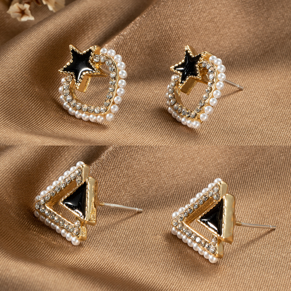 韩国设计感几何珍珠耳钉 简约爱心五星三角形耳环925银针镶钻耳饰
