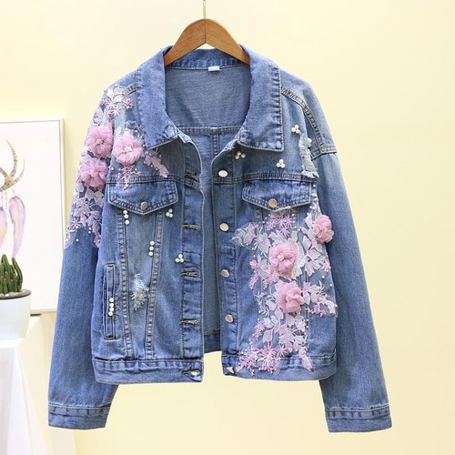 【】Women's Denim Short Jacket Loose-Fitting Spring and Autumn New Korean-Style Heavy Embroidery Three-Dimensional Floral Ripped