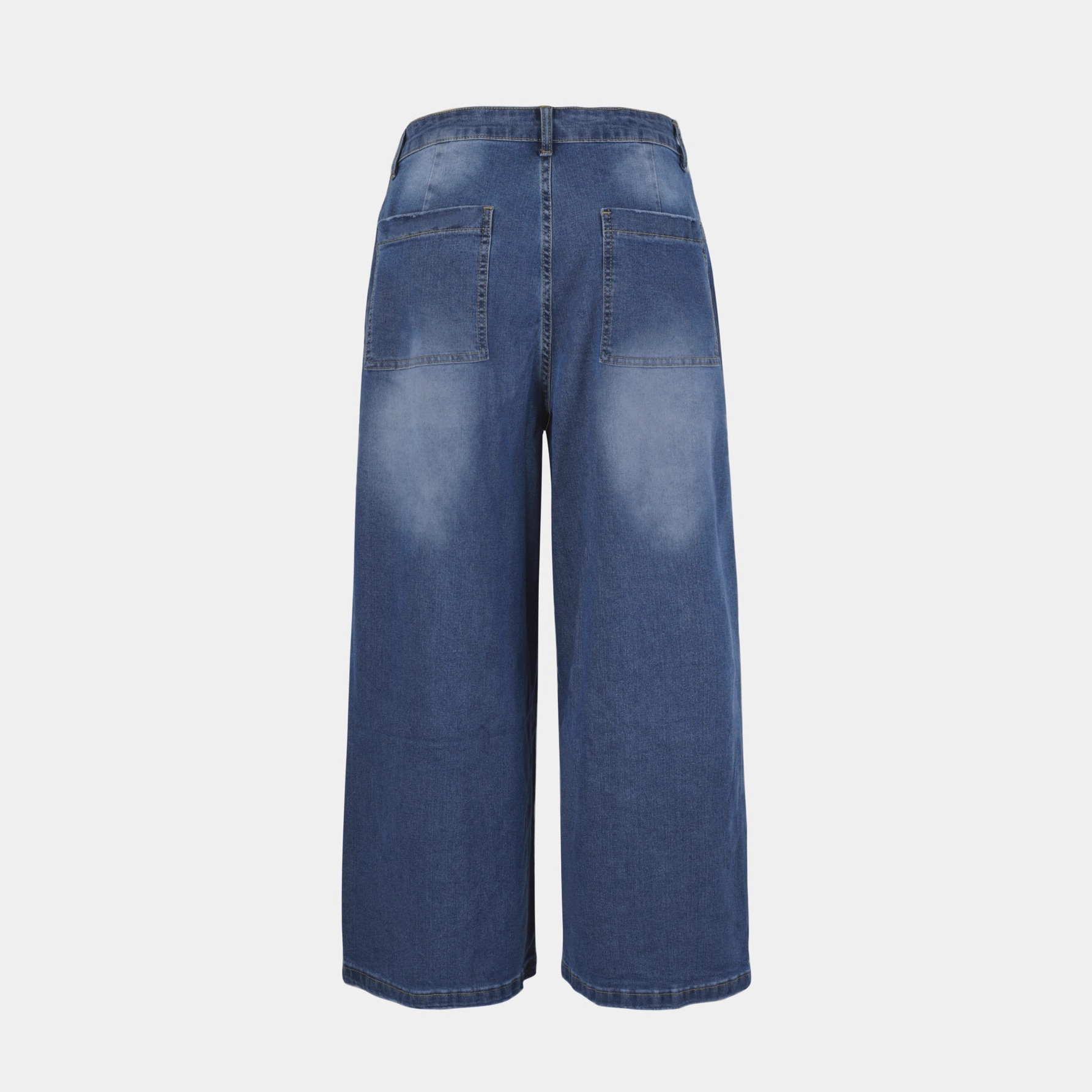 Women's Clothing Mid-Rise Wide Leg Jeans Retro Washed Cuffs Frayed Hem Slanted Pockets Cropped Length Denim_ecoleips.com