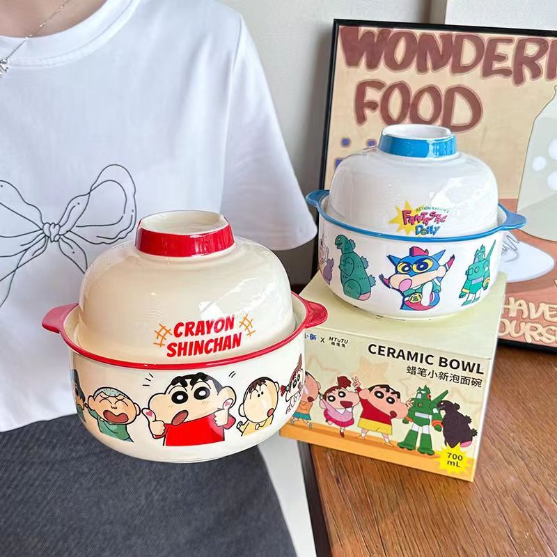 Crayon Xiaoxin Ceramic instant noodle bowl with lid binaural household large-capacity soup bowl high-value student dormitory rice bowl