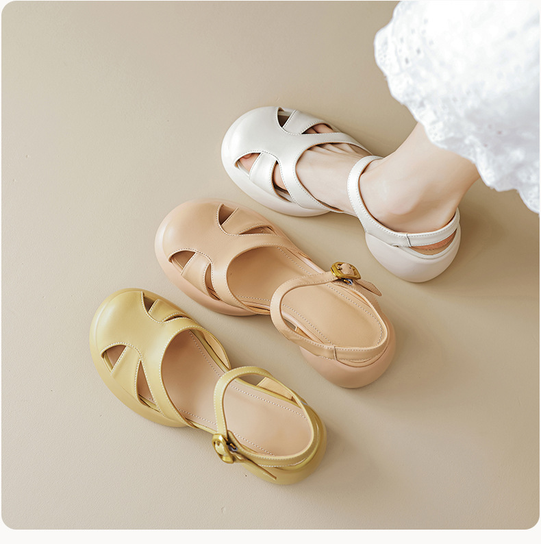 Sandal gót thô da cừu bít mũi phong cách La Mã đế dày quai ngang hở gót — Màu vàng ngỗng chi tiết 7
