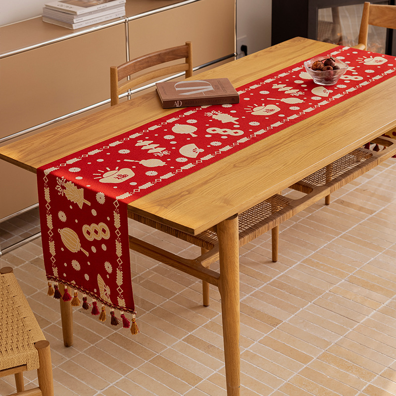 Decorative Festive Red Chinese Style Jacquard Table Runner Cover_voghion.com