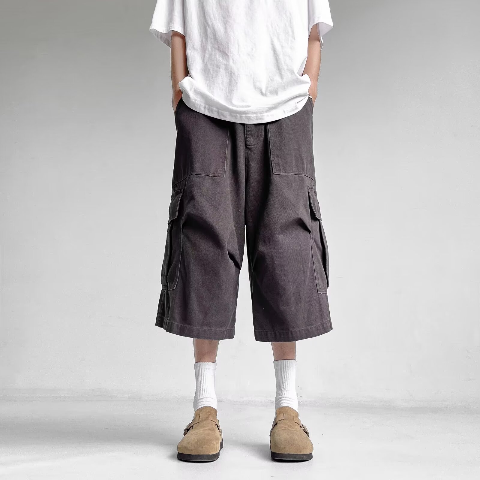 American Style Vintage Multi-Pocket Wide-Leg Workwear Shorts Men's Summer Trendy Brand Niche Loose Casual Pleated Cropped Pants