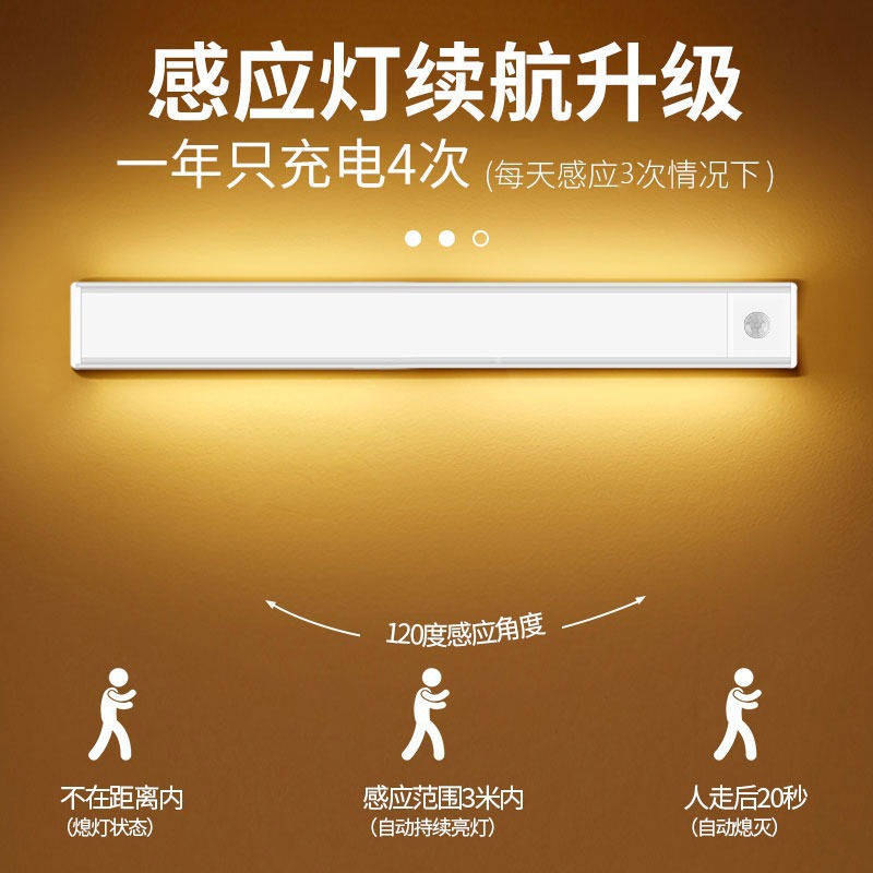 LED Cabinet Light Strip Rechargeable Human Body Induction Kitchen Lighting Wardrobe Wine Cabinet Light Strip Magnetic Adsorption Wireless Self-Adhesive 