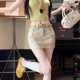 黄色碎花扎染牛仔半身裙女夏季高腰显瘦a字短裙百搭一步包臀裙子