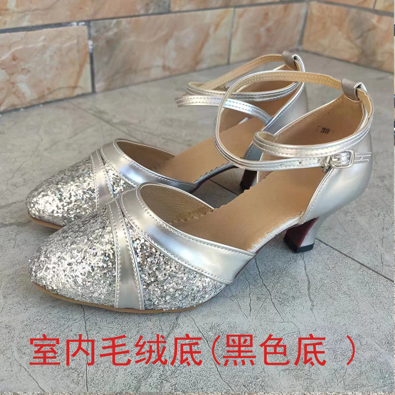 Nuevos zapatos de baile latino adultos mediados talón zapatos de baile de fondo suave zapatos de baile de las mujeres zapatos modernos de baile cuadrado flash lentejuelas de oro