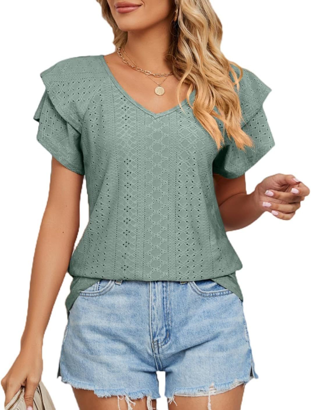 2025 transfronterizos Europa y América primavera y verano nuevo cuello hueco collar manga de hoja de loto camiseta de manga corta camiseta casual chaqueta de mujer