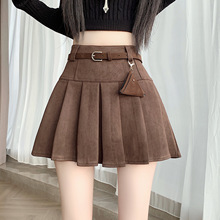 美拉德复古纯色百褶短裙女2025秋冬新款小个子高腰A字半身裙黑色