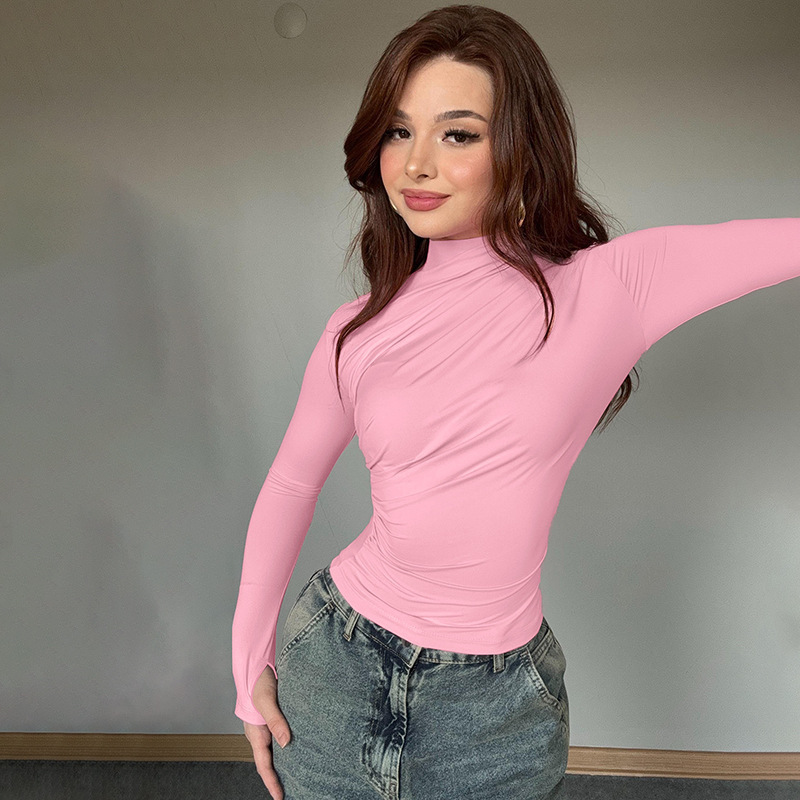 Transfronterizos Europa y América ropa de mujer otoño nuevo color sólido delgado de manga larga top top top sexy camiseta apertada plegable