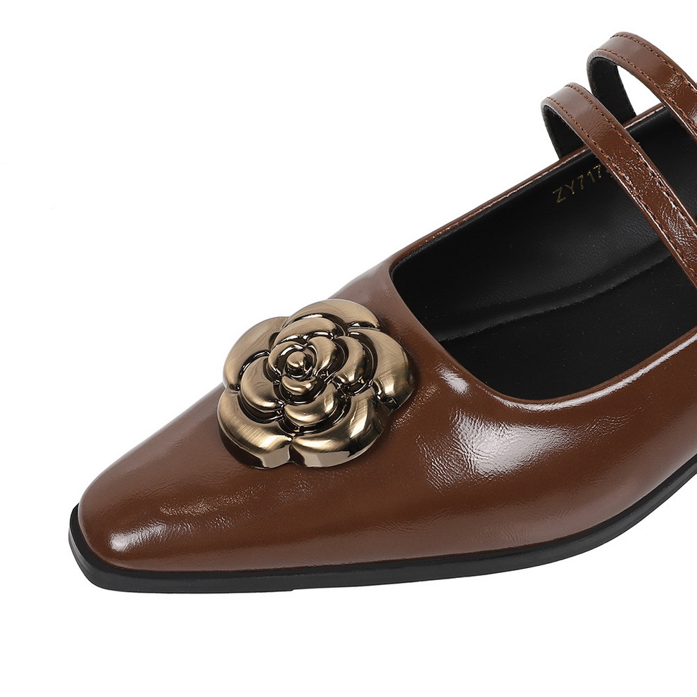 7173-K108 Retro Strap Mary Jane Women's Metal Flower Pointed Shallow Mouth Thick Heel Low Heel Elegant Single Shoe