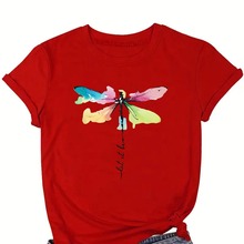 亚马逊TEMU外贸现货女装T恤蜻蜓涂鸦样式印花圆领休闲短袖跨境T恤