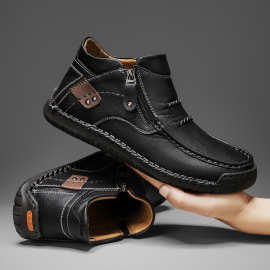 跨境休闲百搭大码时尚休闲男鞋户外休闲一脚蹬平底手工皮鞋春高帮