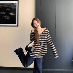 【工厂现货】慵懒风撞色条纹气质休闲长袖T恤女宽松百搭chic上衣