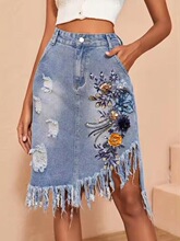 W 47502 Fringed Ripped Denim Skirt with 3D Flowers �����ƶ�
